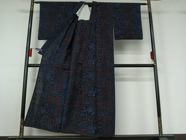 平和屋着物▽結城ちぢみ　単衣　草花文　正絹　逸品　AABH2179jh