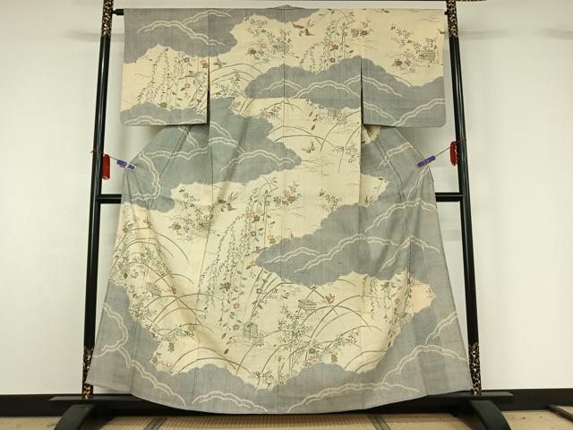 平和屋着物▽染織の名門　しょうざん  生紬　訪問着　単衣　絞り　雲取り花蝶文　正絹　逸品　AABH2180jh