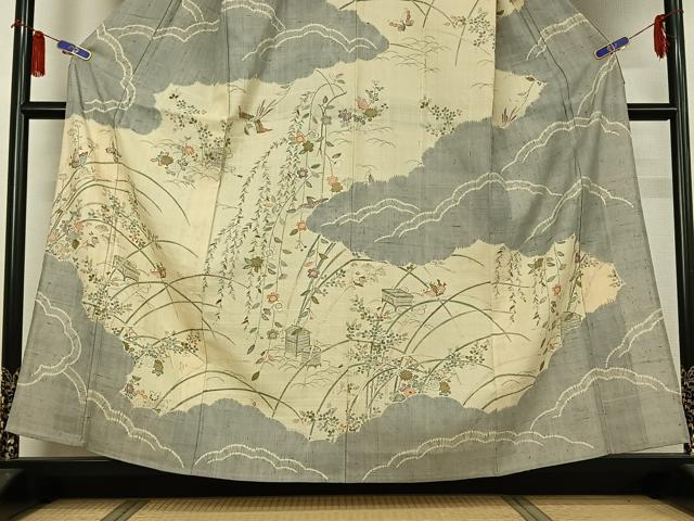 平和屋着物▽染織の名門　しょうざん  生紬　訪問着　単衣　絞り　雲取り花蝶文　正絹　逸品　AABH2180jh