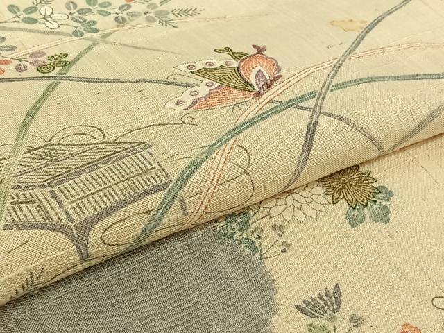 平和屋着物▽染織の名門　しょうざん  生紬　訪問着　単衣　絞り　雲取り花蝶文　正絹　逸品　AABH2180jh