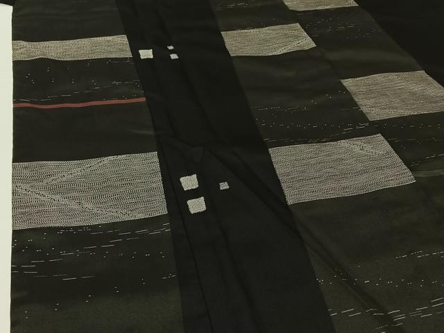 平和屋着物▽本場大島紬　単衣　7マルキ　幾何学文様　黒地　正絹　逸品　AABH2181jh