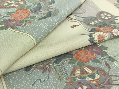 平和屋着物▽上質な小紋　単衣　花車文　暈し染め　金彩　正絹　逸品　AABH2182jh