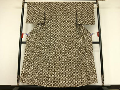 平和屋着物▽上質な小紋　単衣　市松花文　鬼しぼ縮緬　正絹　逸品　AABH2186jh