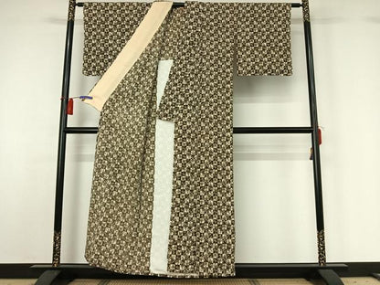 平和屋着物▽上質な小紋　単衣　市松花文　鬼しぼ縮緬　正絹　逸品　AABH2186jh