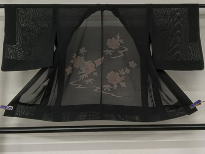 平和屋着物▽羽織　スリーシーズン　春夏秋　塵除け　流水花文　黒地　正絹　逸品　AABH2187jh