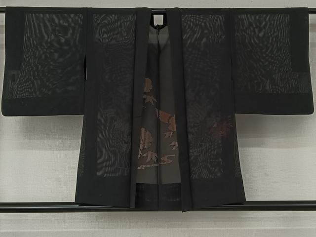 平和屋着物▽羽織　スリーシーズン　春夏秋　塵除け　流水花文　黒地　正絹　逸品　AABH2187jh