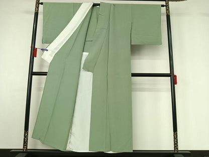 平和屋着物▽上質な色無地　単衣　山葵色　正絹　逸品　AABH2188jh