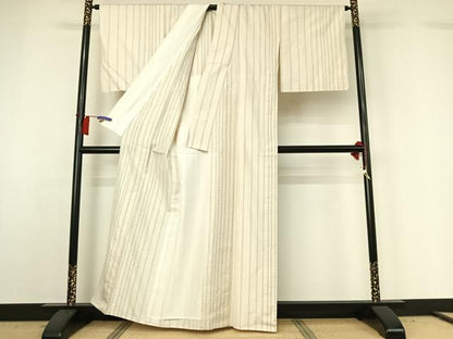 平和屋着物▽本場奄美大島紬　白大島　単衣　泥染　縞　証紙付き　正絹　逸品　AABH2195jh