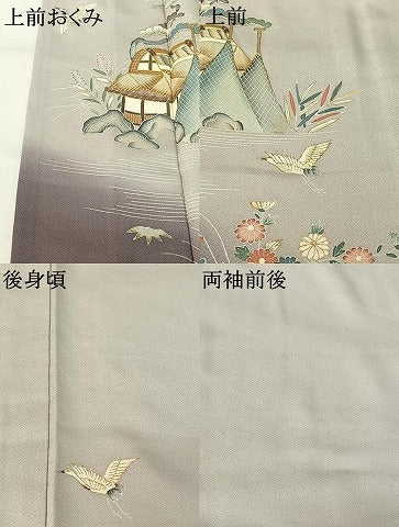 平和屋着物▽訪問着　単衣　飛鶴風景花文　暈し染め　金糸　金彩　正絹　逸品　AABH2203jh
