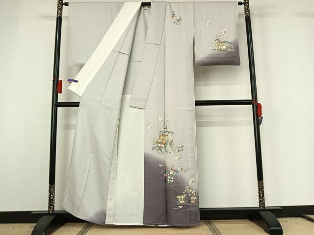 平和屋着物▽訪問着　単衣　飛鶴風景花文　暈し染め　金糸　金彩　正絹　逸品　AABH2203jh