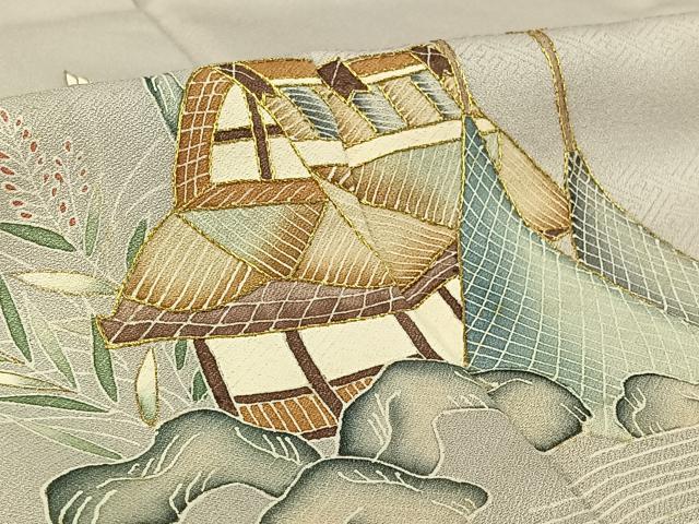 平和屋着物▽訪問着　単衣　飛鶴風景花文　暈し染め　金糸　金彩　正絹　逸品　AABH2203jh
