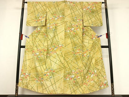 平和屋着物▽上質な小紋　単衣　草花文　正絹　逸品　AABH2206jh