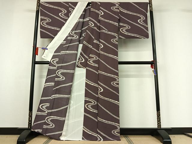 平和屋着物▽上質な小紋　単衣　手描き　流水花文　三越扱い　正絹　逸品　AABH2207jh