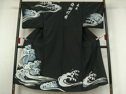 平和屋着物▽男性　訪問着　単衣　舞台衣装　立波文　黒地　正絹　逸品　AABH2208jh