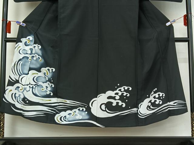 平和屋着物▽男性　訪問着　単衣　舞台衣装　立波文　黒地　正絹　逸品　AABH2208jh