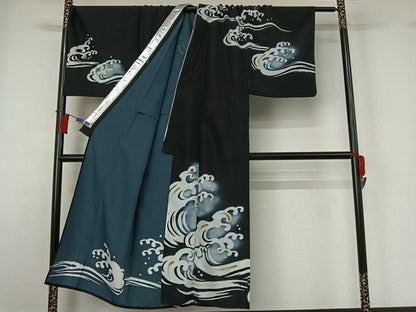 平和屋着物▽男性　訪問着　単衣　舞台衣装　立波文　黒地　正絹　逸品　AABH2208jh