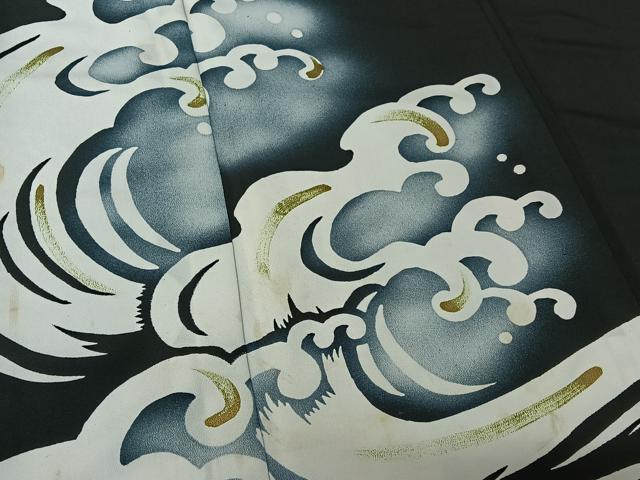 平和屋着物▽男性　訪問着　単衣　舞台衣装　立波文　黒地　正絹　逸品　AABH2208jh