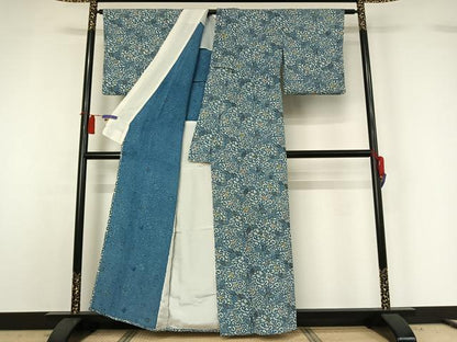平和屋着物▽上質な小紋　単衣　藍　型染め　花唐草文　鬼しぼ縮緬　正絹　逸品　AABH2209jh