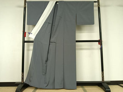 平和屋着物▽お召　単衣　絹鼠色　正絹　逸品　AABH2219jh