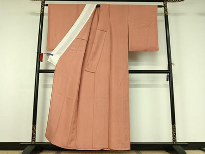 平和屋着物▽上質な色無地　単衣　作家物　網代地紋　鴇色　正絹　逸品　AABH2221jh