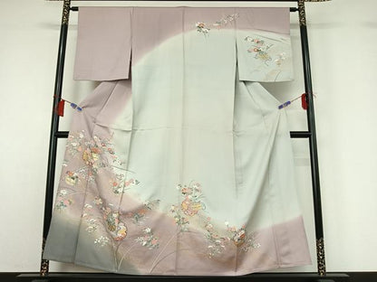 平和屋着物▽訪問着　単衣　雪輪飾花文　暈し染め　金彩　正絹　逸品　AABH2224jh