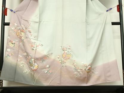 平和屋着物▽訪問着　単衣　雪輪飾花文　暈し染め　金彩　正絹　逸品　AABH2224jh