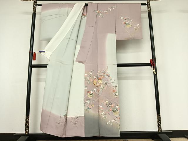 平和屋着物▽訪問着　単衣　雪輪飾花文　暈し染め　金彩　正絹　逸品　AABH2224jh