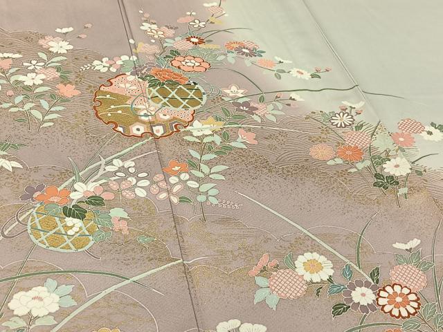 平和屋着物▽訪問着　単衣　雪輪飾花文　暈し染め　金彩　正絹　逸品　AABH2224jh