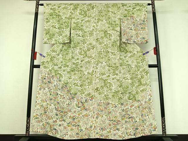 平和屋着物▽訪問着　単衣　型染め　花鳥文　鬼しぼ縮緬　正絹　逸品　AABH2233jh
