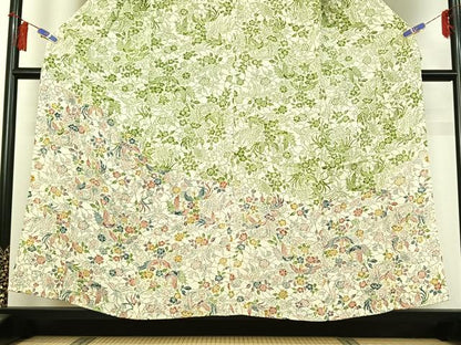 平和屋着物▽訪問着　単衣　型染め　花鳥文　鬼しぼ縮緬　正絹　逸品　AABH2233jh