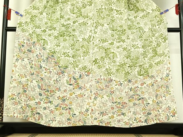 平和屋着物▽訪問着　単衣　型染め　花鳥文　鬼しぼ縮緬　正絹　逸品　AABH2233jh