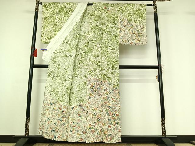 平和屋着物▽訪問着　単衣　型染め　花鳥文　鬼しぼ縮緬　正絹　逸品　AABH2233jh