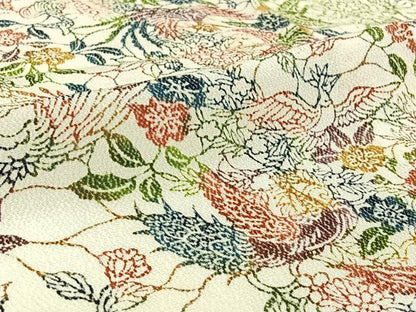 平和屋着物▽訪問着　単衣　型染め　花鳥文　鬼しぼ縮緬　正絹　逸品　AABH2233jh