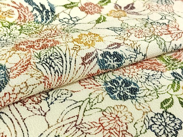 平和屋着物▽訪問着　単衣　型染め　花鳥文　鬼しぼ縮緬　正絹　逸品　AABH2233jh