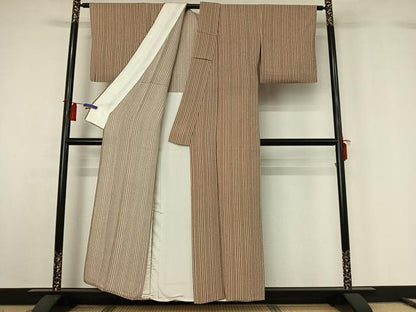 平和屋着物▽上質な小紋　単衣　縞　鬼しぼ縮緬　正絹　逸品　AABH2234jh