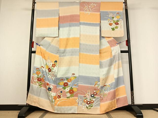 平和屋着物▽訪問着　単衣　草花文　暈し染め　金彩　正絹　逸品　AABH2236jh