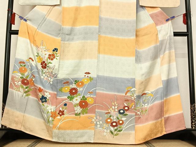 平和屋着物▽訪問着　単衣　草花文　暈し染め　金彩　正絹　逸品　AABH2236jh