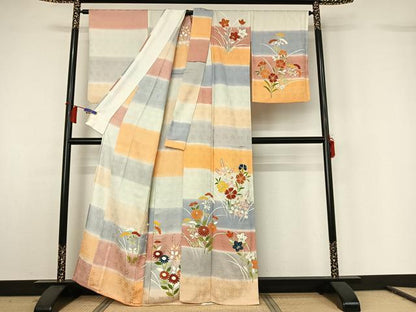 平和屋着物▽訪問着　単衣　草花文　暈し染め　金彩　正絹　逸品　AABH2236jh