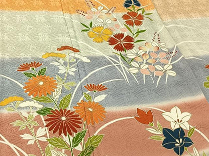 平和屋着物▽訪問着　単衣　草花文　暈し染め　金彩　正絹　逸品　AABH2236jh