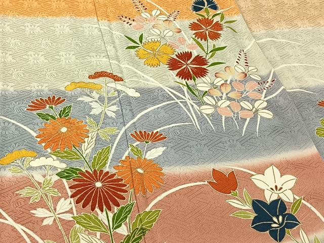 平和屋着物▽訪問着　単衣　草花文　暈し染め　金彩　正絹　逸品　AABH2236jh