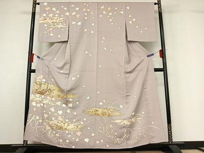 平和屋着物▽訪問着　単衣　駒刺繍　草花文　金彩　正絹　逸品　AABH2237jh