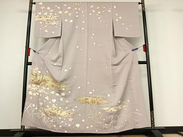 平和屋着物▽訪問着　単衣　駒刺繍　草花文　金彩　正絹　逸品　AABH2237jh