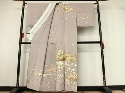 平和屋着物▽訪問着　単衣　駒刺繍　草花文　金彩　正絹　逸品　AABH2237jh