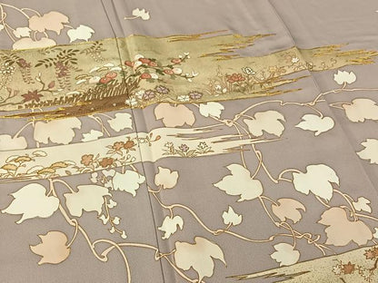 平和屋着物▽訪問着　単衣　駒刺繍　草花文　金彩　正絹　逸品　AABH2237jh