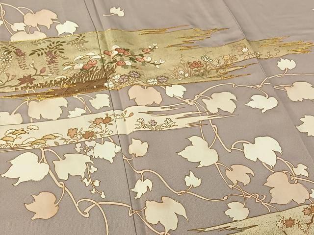 平和屋着物▽訪問着　単衣　駒刺繍　草花文　金彩　正絹　逸品　AABH2237jh