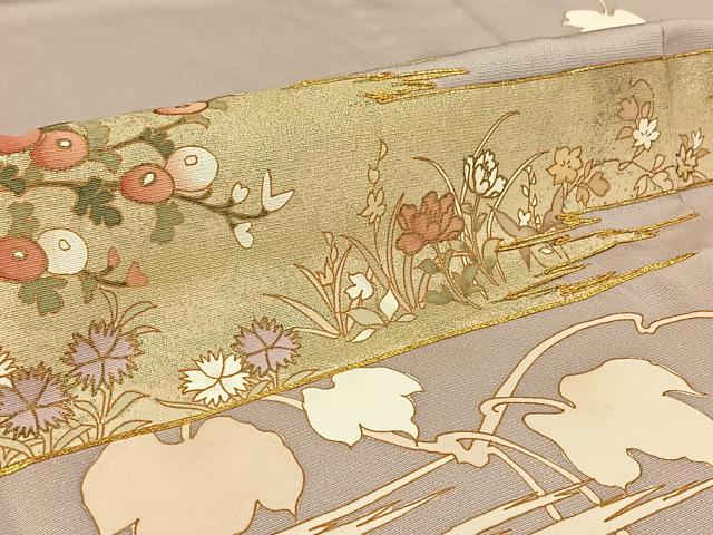 平和屋着物▽訪問着　単衣　駒刺繍　草花文　金彩　正絹　逸品　AABH2237jh