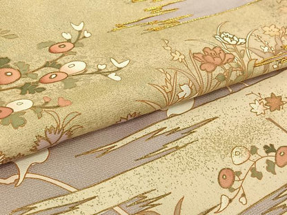 平和屋着物▽訪問着　単衣　駒刺繍　草花文　金彩　正絹　逸品　AABH2237jh