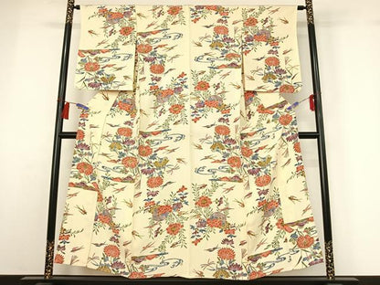 平和屋着物▽上質な小紋　単衣　風景花鳥文　正絹　逸品　AABH2245jh