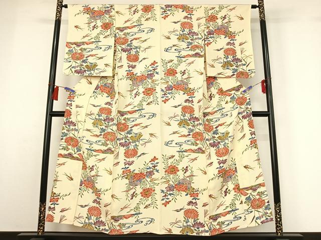 平和屋着物▽上質な小紋　単衣　風景花鳥文　正絹　逸品　AABH2245jh