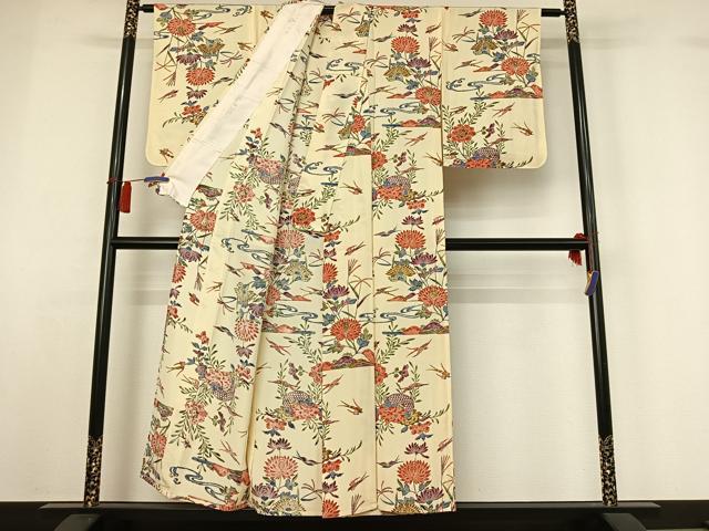 平和屋着物▽上質な小紋　単衣　風景花鳥文　正絹　逸品　AABH2245jh